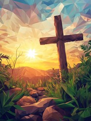 Easter scene with cross. Jesus Christ. Polygonal vector design.