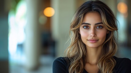 Obraz premium Woman smiling, indoor portrait, blurred background, website profile