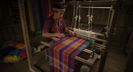 A skilled artisan focuses on weaving colorful textiles on wooden loom in a rustic workshop