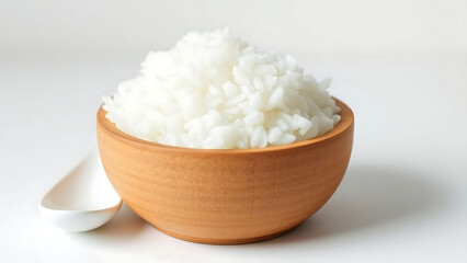 Steamed White Rice in Wooden Bowl with Spoon on White Background