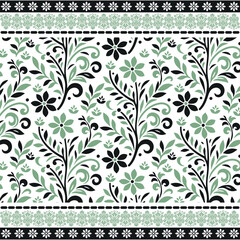 digital textile graphics with floral all over design and geometric ethnic border
