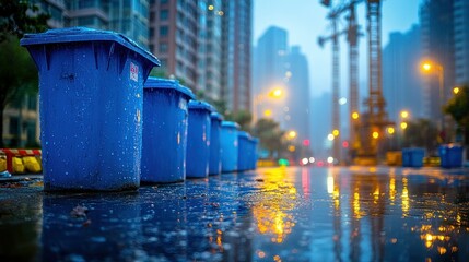 Rain-soaked urban street with blue trash bins, construction in the background