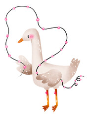 Baby goose pink garland celebrate birthday. Happy birthday, newborn, baby shower hand drawn illustration. Duck goose geese farm bird