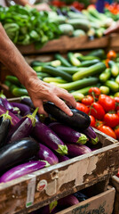Man is reaching for a purple eggplants in a crate. The crate is full of vegetables, including tomatoes, cucumbers, and peppers