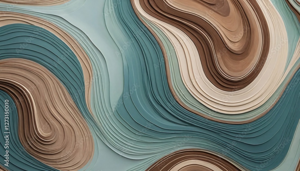 Poster earthy abstract layers. wavy forms in soft blues, browns and whites. harmonious flow resembling topo