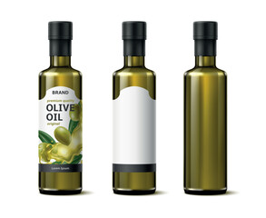 Bottle olive oil with and without label. Realistic isolated element. Mediterranean food. Packaging design, 3d blank emblem mockup. Culinary greek product. Advertisement cooking vector concept