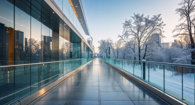 High tech city walkway at day with glass barriers and sleek architecture winter season clear cold sky