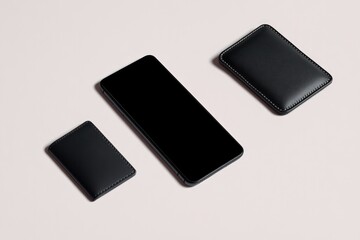Sleek, minimalist design showcases three black devices on soft s