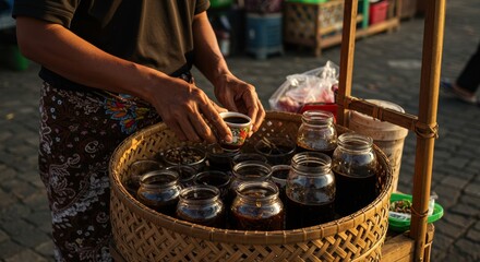 Vendor serves traditional beverages to customers in a vibrant market at sunset