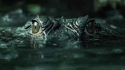 Obraz premium A crocodile emerging from the water with only its eyes visible above the surface