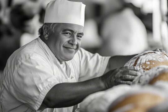 Baker smiling while arranging freshly baked loaves in a warm bakery during the morning rush