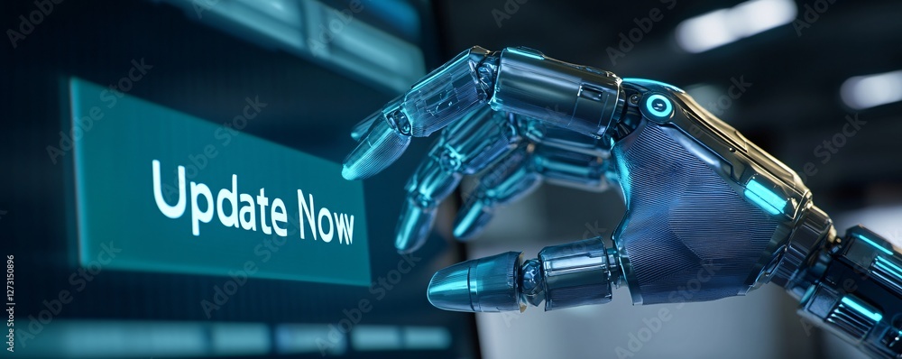 Poster a robotic hand pressing the 