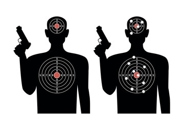 Black target for shooting with bullet holes. Human silhouettes with gun, competition score. Bullet holes. Goals practice on rifle range. Sport and military training. Isolated vector concept © YummyBuum