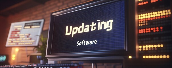 A retro-style computer screen with pixelated "Updating Software" text