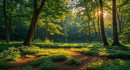 Fototapeta premium Leafy forest in the afternoon during summer with dappled sunlight on the ground