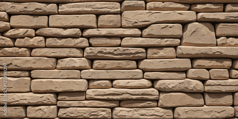 Poster rustic beige stone wall texture. natural stacked stone facade. uneven rectangular rock pattern. sand