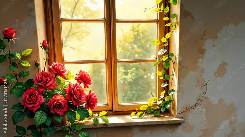 Poster a window with a bunch of red roses in it. the roses are in a vase and are placed on the window sill