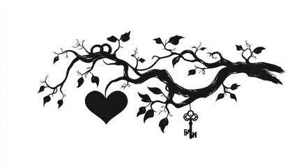 Romantic tree branch with hearts and key; love, spring, nature background; wedding, card design