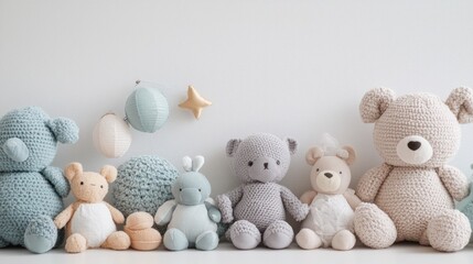 A cute nursery with a crib, plush toys, and soft toys, all arranged beautifully against a white background.
