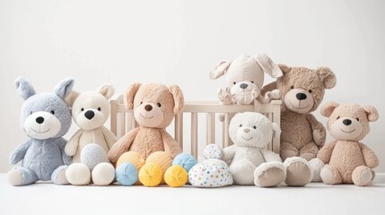 A cute nursery with a crib, plush toys, and soft toys, all arranged beautifully against a white background.