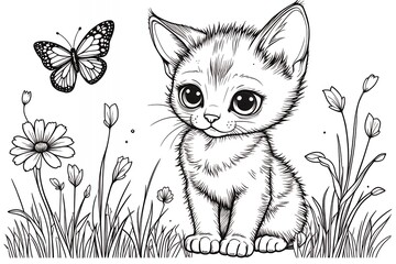 Obraz premium Adorable Kitten in a Flower Garden Cute Cat Coloring Page Illustration