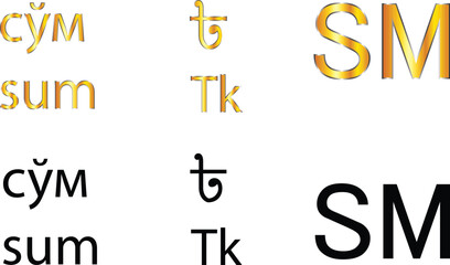 taka of Bangladesh sum of Uzbekistan and SM of Tajikistan currency signs in black and golden