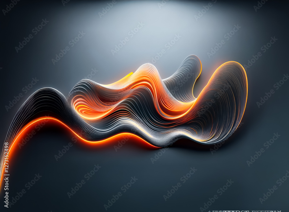 Poster abstract wavy form with orange and white highlights on a dark gray backdrop. dynamic and flowing lin