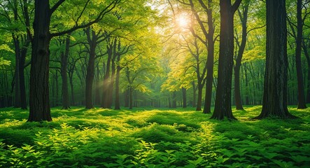 Obraz premium Lush green forest in midday sunlight during late spring light filtering through trees