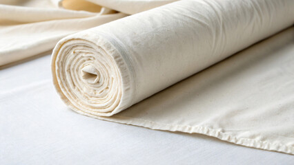 Rolled Cream Fabric on Table Ready for Seamstress Projects and Creative Crafts