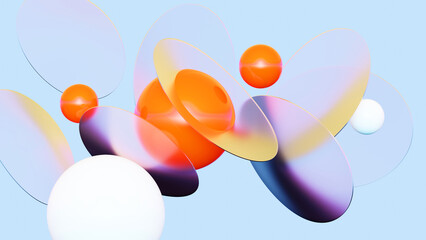 A vibrant abstract composition featuring floating translucent shapes in shades of orange, purple, and white against a light blue background, creating a dynamic and futuristic aesthetic. 3D Render