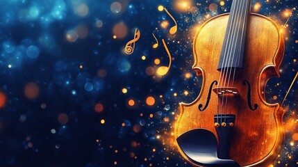 Violin with musical notes and bokeh lights.