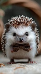 Fototapeta premium Cute hedgehog wearing bowtie adorable pet animal portrait. Hedgehog Day