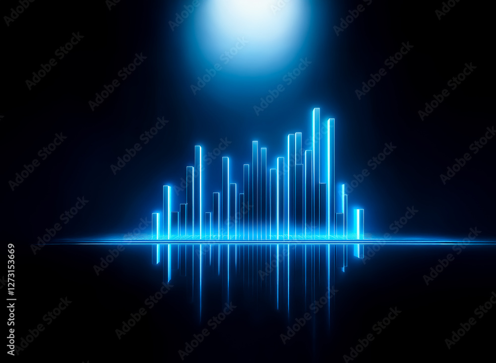 Poster a group of illuminated blue vertical bars of varying heights stands on a reflective dark surface und