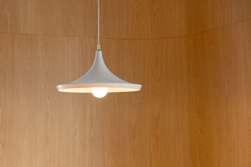 A white lamp with a bulb is hanging from the ceiling