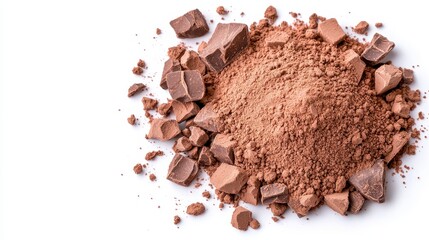 Gourmet delight A pile of rich chocolate resting on a clean white surface, ideal for baking and satisfying sweet cravings