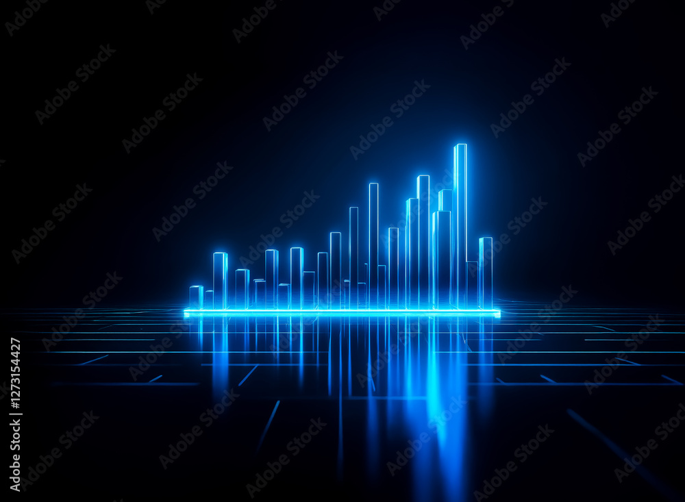 Poster glowing blue bars rise from a dark reflective surface, resembling a digital graph. illuminated lines