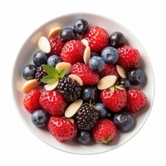 Fototapeta premium Bowl of Fresh Strawberries Blueberries and Almonds Ready to Serve Healthy Fruit Meal Option