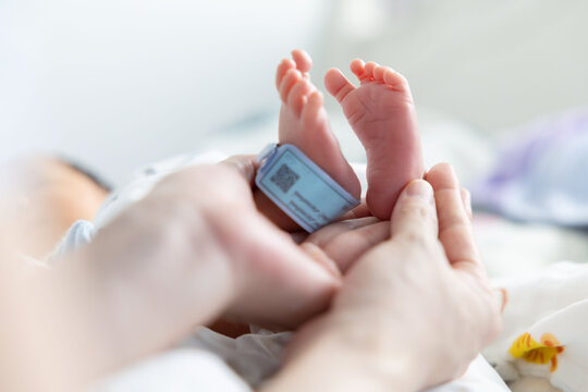 new born baby feet hold mother's hand with blurred QR Code of identity tag. concept : Premature or preterm baby in hospital. relationship between mother and baby.