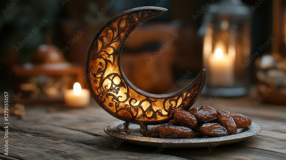 Poster ramadan crescent moon lantern with dates on rustic wooden table