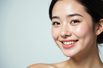 Obraz premium Radiant Young Asian Woman with Flawless Skin and Bright Smile Close up Portrait