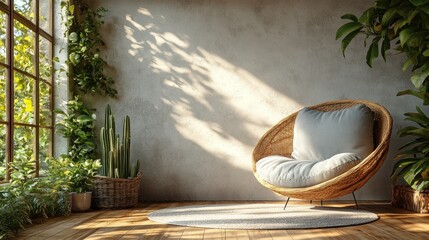Sunlit room with wicker chair and plants