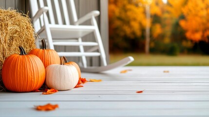 Autumn Serenity Pumpkins on Porch With Rocking Chair Enhancing Peaceful Harvest Season Celebration