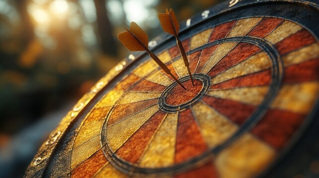 Darts hitting bullseye in a forest background. Possible stock photo use
