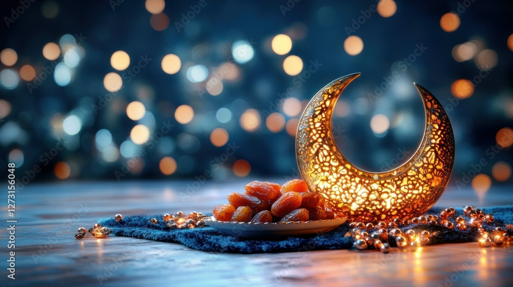 Poster ramadan dates and crescent moon on wooden table with bokeh lights