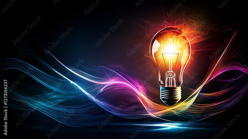 Aufkleber floating lightbulb illuminates dark room with abstract waves captivating visuals digital art creativ