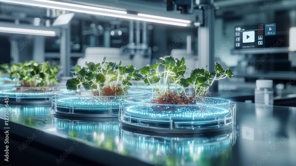 Fototapete Exploring advanced plant growth techniques in a futuristic laboratory environment science innovation close-up view