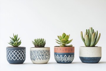 Obraz premium Stylish Succulent Plants in Decorative Pots on White Background