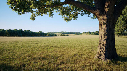 Tronco de &aacute;rbol grande en un campo verde con paisaje natural y cielo despejado
