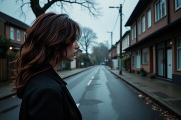 Fototapeta premium Young Woman with Long Brunette Hair Walking Down Residential Street