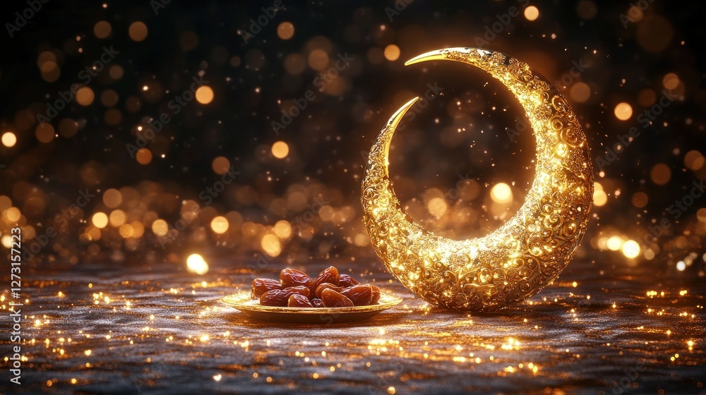 Poster ramadan dates crescent moon bokeh background